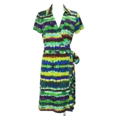 カルバンクライン CALVIN KLEIN 美品 カシュクールワンピース ジャージー ひざ丈 半袖 総柄 マルチカラー /X