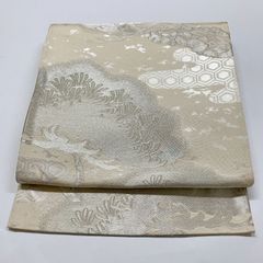 6074］袋帯 松亀甲霞文様 銀彩 シルバー 六通 正絹 着物 フォーマル