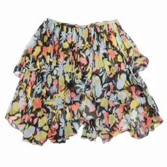 美品 17ss クロエ CHLOE フルーツ柄 楊柳 シルクシフォン ティアードスカート ランダムヘム 膝丈 フレアシルエット 36 黒 ブラック マルチカラー/△L20/レディース