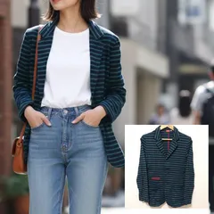 日本製◎カーディガン感覚で◎【CIAOPANIC】チャオパニック テーラードジャケット ボーダー柄 ライトアウター カジュアル シンプル タウンユース 春秋 ネイビー 紺×グリーン レディース サイズM/M38796jY