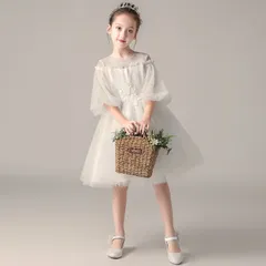 ★110cm ホワイト キッズ ドレス パーティードレス お姫様 ワンピース 子供ドレス 半袖 正装 ファスナータイプ 春 夏 秋 子どもドレス 女の子 フォーマル キッズ 発表会やステージ衣装 ピアノ発表会 ドレス da036c7