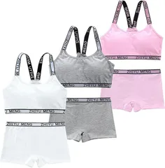 FARFADET スポーツブラ ボクサー パンツ ハーフトップ ジュニア ブラジャー カップ付き 上下セット インナー ガールズ 3色組 ノンワイヤー ボクサーパンツ 揺れない 通気性 速乾 (白グレーピンク)