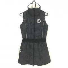 【美品】フィラゴルフ 中綿ノースリーブワンピース グレー×黒 ストライプ ボーダー 襟裏ボア レディース M ゴルフウェア FILA GOLF