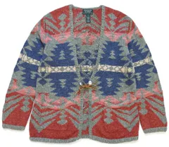 00s LAUREN ラルフローレン ネイティブ柄 コンチョボタン リネン×コットン ハンドニット カーディガン XL★エスニック フォークロア