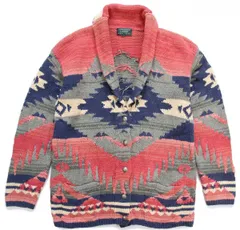 00s LAUREN ラルフローレン ネイティブ柄 ショールカラー コンチョボタン コットン ハンドニット カーディガン★エスニック フォークロア