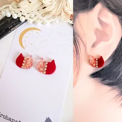煌めく バイカラー 猫 ピアス イヤリング レッド