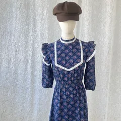 昭和レトロ 花柄 レース フリル ワンピース ネイビー系 古着 ガーリー 長袖