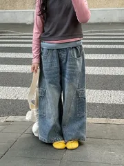 ★即納★ カーゴデニムパンツ （ブルー） ／150 【送料無料】 BOBI 2025秋 韓国子供服 ボトムス ズボン ジーパン ジーンズ ワイドストレート オーバーサイズ カーゴパンツ