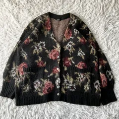 美品 ジーナシス 5GフラワーラメフェザーV モヘア調カーディガン 古着 花柄 4344