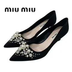 ミュウミュウ MIUMIU パンプス 靴 シューズ サテン ブラック 黒 パール ビジュー スタッズ パーティーシューズ