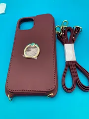 iPhone 15 Plus 対応 ショルダー付き リング付 カード収納ケース ワインレッド