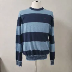 トミーヒルフィガー ネイビー スカイブルー ストライプ コットン ラウンドネック ニット