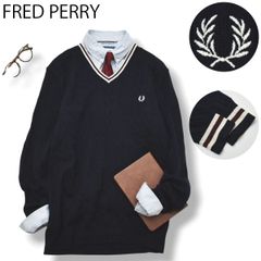 【上質】 フレッドペリー FRED PERRY ケーブル編み メリノウール チルデン ニット セーター L 紺 x 赤 x 白 メンズ トラッド 月桂樹 刺繍ロゴ