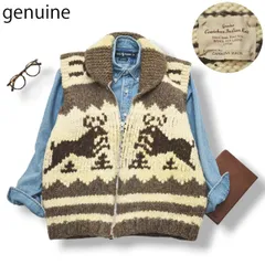 【本格】 カナダ製 genuine ショールカラー ジップアップ ニット ベスト 鹿柄 ホワイト 白 x ブラウン 茶  メンズ レディース ユニセックス 男女兼用 アメカジ 冬物
