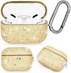 ノーブランド品 AirPodsProケース 合皮ケース カバー カラビナ リング付き 収納ケース 衝撃吸収 軽量 キズ防止 耐衝撃 ワイヤレス充電 対応 (ラメゴールド)