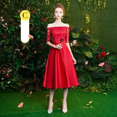 ★M ワインレッド パーティードレス ミモレ丈ドレス 結婚式 ドレス ワンピース 二次会 フォーマル 20代 30代 大人 フォーマルドレス レディース ブライズメイド 韓国 演出 司会 舞踏会 演奏会 披露宴ドレス da034zm