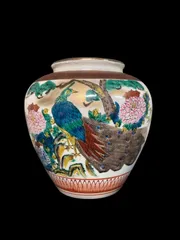 九谷焼 松月造 花鳥 花瓶 花びん 花器 置物 壺 壷 共箱 木箱入り 呉須 九谷焼 日本 伝統的 色絵陶磁器 九谷五彩 ジャパンクタニ 九谷五彩 落款 サイン 金彩色絵 アンティーク レトロ ヴィンテージ 時代物 古美術 骨董 コレクション N25L(出)5