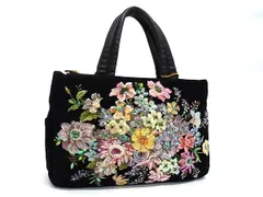 ■新品同様■ Think Bee! シンクビー！ キャンバス フラワー 花柄 ビーズ ハンドバッグ トート ブラック系×マルチカラー FS7494