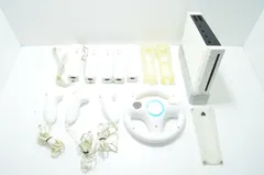 【送料無料】 ニンテンドー Nintendo Wii 本体 RVL-001 ホワイト リモコン5個 ヌンチャク3個 ハンドル付き　現状品