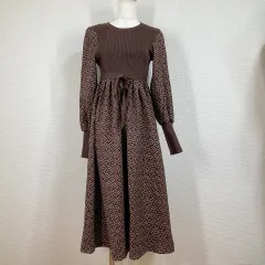 美品【エミプラス】ニット　ワンピース　茶　L　emi+ 異素材ドッキング　リブニット　ロングワンピース 自宅洗濯可能 ロング丈 Y2K
