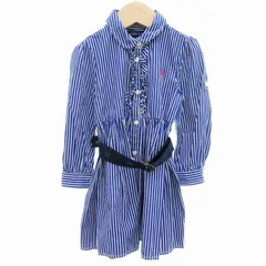 ラルフローレン RALPH LAUREN シャツワンピース 長袖 ベルト付 ストライプ ポニー刺繍 フリル 24M 紺 ネイビー 白 ホワイト /GV