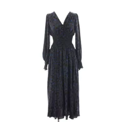 フレイアイディー FRAY I.D ウエストシャーリングプリントワンピース ロング マキシ 花柄 総柄 シフォン Vネック 長袖 0 茶 ブラウン 青 ブルー FWF0205233 /HN