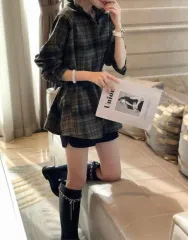 ウール チェック柄 シャツ (L) + 起毛 ハイウエスト ショートパンツ (M) SET