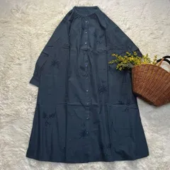 新品 シャツワンピース バンドカラー 花草刺繍 コットン ブルー M〜L