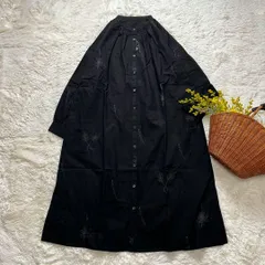 新品 シャツワンピース バンドカラー 花草刺繍 コットン ブラック M〜L