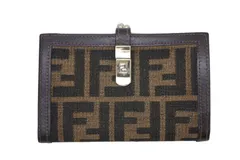 FENDI フェンディ ズッカ柄 二つ折り財布 がま口 イタリア製 キャンバス レザー ブラウン ゴールド金具 美品 中古 4b009186