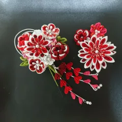 つまみ細工&水引細工の髪飾りセット/赤系/成人式/結婚式/七五三
