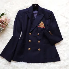 希少　RALPH LAUREN　ラルフローレン　イタリア製　立体的　エンブレム　金ボタン　ゴールド　ダブル　テーラードジャケット　紺ブレ　カジュアル　ネイビー　ウール