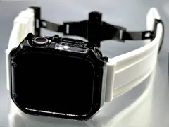 ホワイトブラック★アップルウォッチバンド メッキ加工TPUケース Apple Watchラバーベルト 保護カバー  厚シリコン 38 40 41 42 44 45 46 49mm ultra ウルトラ ★全シリーズ 全サイズ対応★ メンズ レディース スポーツ