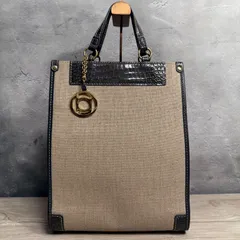 BEAUGRAND トートバッグ 上品キャンバス×クロコ型押し 本革 JEAチャーム付き ベージュ ブラック A4◎ レディース 肩掛け ビジネス 通勤 きれいめ 美品 406のサムネイル