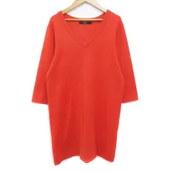 アズールバイマウジー AZUL by moussy ニットワンピース ミニ丈 七分袖 Vネック 無地 M オレンジ /FF35