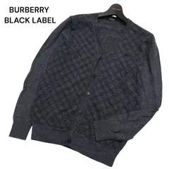 美品★ BURBERRY BLACK LABEL バーバリー ブラックレーベル ホース刺繍 チェック ウール ニット カーディガン Sz.2　メンズ