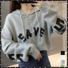  フード付きパーカーハーフジップフーディー スウェットレディース ショート丈ジップパーカートレーナー クロップドプルオーバー おしゃれ 体型カバー長袖トップス着やせ カジュアルトップス BIGロゴパーカー 韓国風秋服ゆったり