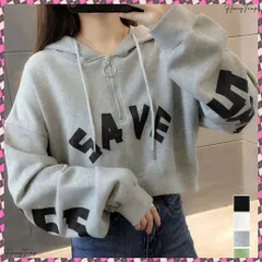 送料無料  フード付きパーカーハーフジップフーディー スウェットレディース ショート丈ジップパーカートレーナー クロップドプルオーバー おしゃれ 体型カバー長袖トップス着やせ カジュアルトップス BIGロゴパーカー 韓国風秋服ゆったり