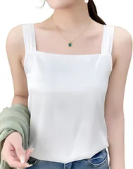 CALM.st サテン キャミソール レディース インナー スクエアネック 肩紐隠し タンクトップ 重ね着 (ホワイト,  L)