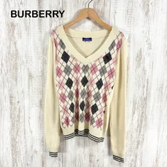 BURBERRY BLUE LABEL バーバリーブルーレーベル ホースロゴ刺繍 アーガイル チェック Vネック ウール アンゴラ カシミヤ 長袖 ニット ライトベージュ ピンク