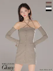 モカ [GL4321-W-2508] XSサイズあり【ROBE de FLEURS Glossy/ローブドフルール グロッシー】アームウォーマー付き/ リブニット/ フロントボタン/ タイト/ ミニドレス/ キャバドレス