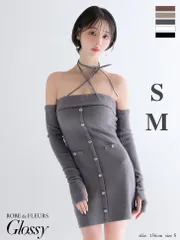 グレー [GL4321-W-2508] XSサイズあり【ROBE de FLEURS Glossy/ローブドフルール グロッシー】アームウォーマー付き/ リブニット/ フロントボタン/ タイト/ ミニドレス/ キャバドレス