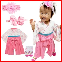 【特価商品】袴ロンパース ベビー服 キッズ服 女の子 [MIHI] ベビー 新生児 キッズ 着物 カバーオール 和装 お食い初め お宮参り １００日祝い 初節句 桃の節句 ひな祭り 七五三 お正月 年末年始 靴下 ヘアバンド２個 ４点セット ギフト