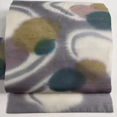 名古屋帯 秀品 紬地 幾何学模様 灰色 正絹 【中古】