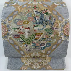 袋帯 秀品 華文 鳥 金糸 箔 青灰色 六通 正絹 【中古】