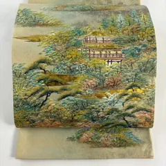 袋帯 秀品 落款 関西仕立て 建物 樹木 金彩 箔 薄緑 お太鼓柄 正絹 【中古】