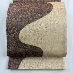 【美品】 丸帯 秀品 草花 箔 濃紫 お太鼓柄 正絹 【中古】