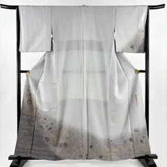 付下げ 身丈159cm 裄丈64.5cm M 袷 落款 草花 幾何学 金彩 ぼかし 灰色 正絹 名品 【中古】