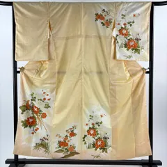 付下げ 身丈157.5cm 裄丈65cm M 袷 牡丹 鳥 金糸 金銀彩 薄オレンジ 化繊 優品 【中古】