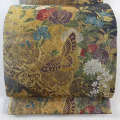 【美品】 袋帯 秀品 長尺織 西陣 蝶 草花 金銀糸 箔 金色 六通 正絹 【中古】